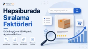 Hepsiburada sıralama faktörlerini ve SEO uyumlu ürün başlığı ile açıklama yazımını anlatan blog kapak görseli.